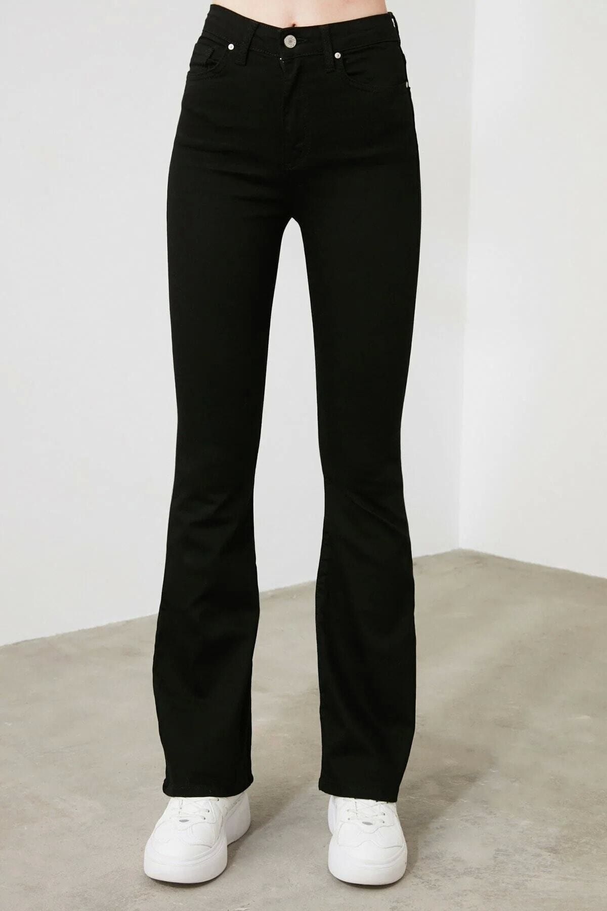 Siyah Yüksek Bel Flare Jeans Renk Solmayan Ispanyol Paça Kot Pantolon Siyah Yüksek Bel Flare Jeans Renk Solmayan Ispanyol Paça Kot Pantolon
