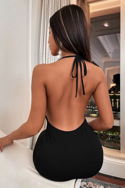 Sırt Dekolteli Boyundan Bağlı Siyah Seksi Mini Fantezi Elbise Sırt Dekolteli Boyundan Bağlı Siyah Seksi Mini Fantezi Elbise