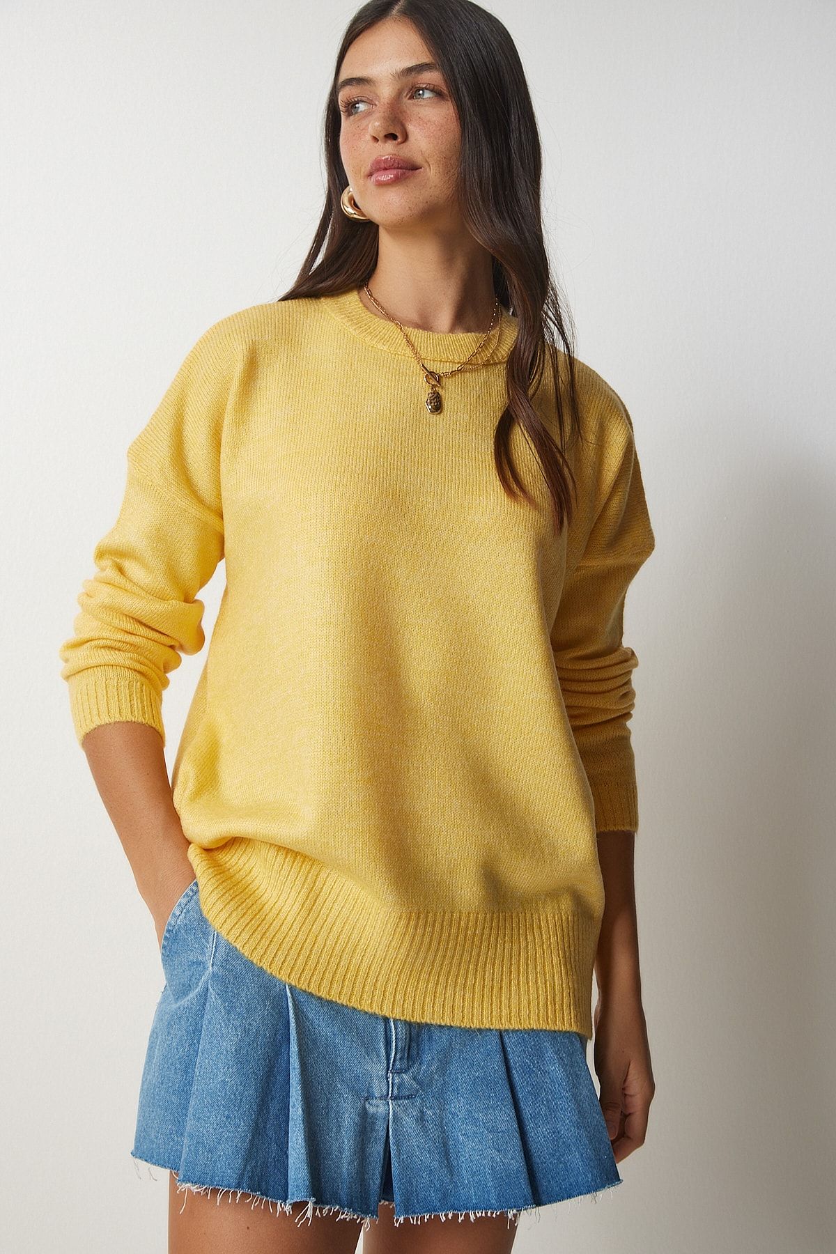 Kadın Sarı Bisiklet Yaka Oversize Triko Kazak BV00085 Kadın Sarı Bisiklet Yaka Oversize Triko Kazak BV00085