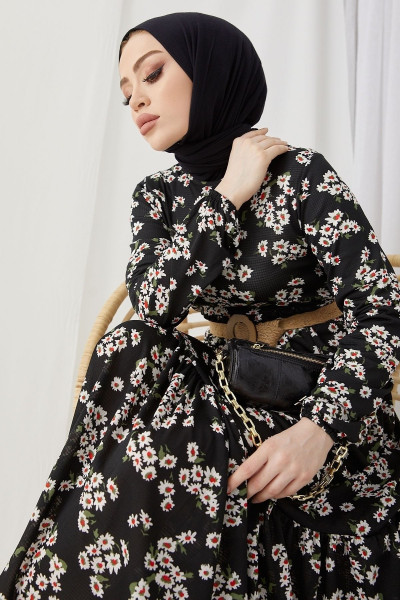 Lesa Çiçekli Hasır Kemerli Tesettür Elbise - Siyah