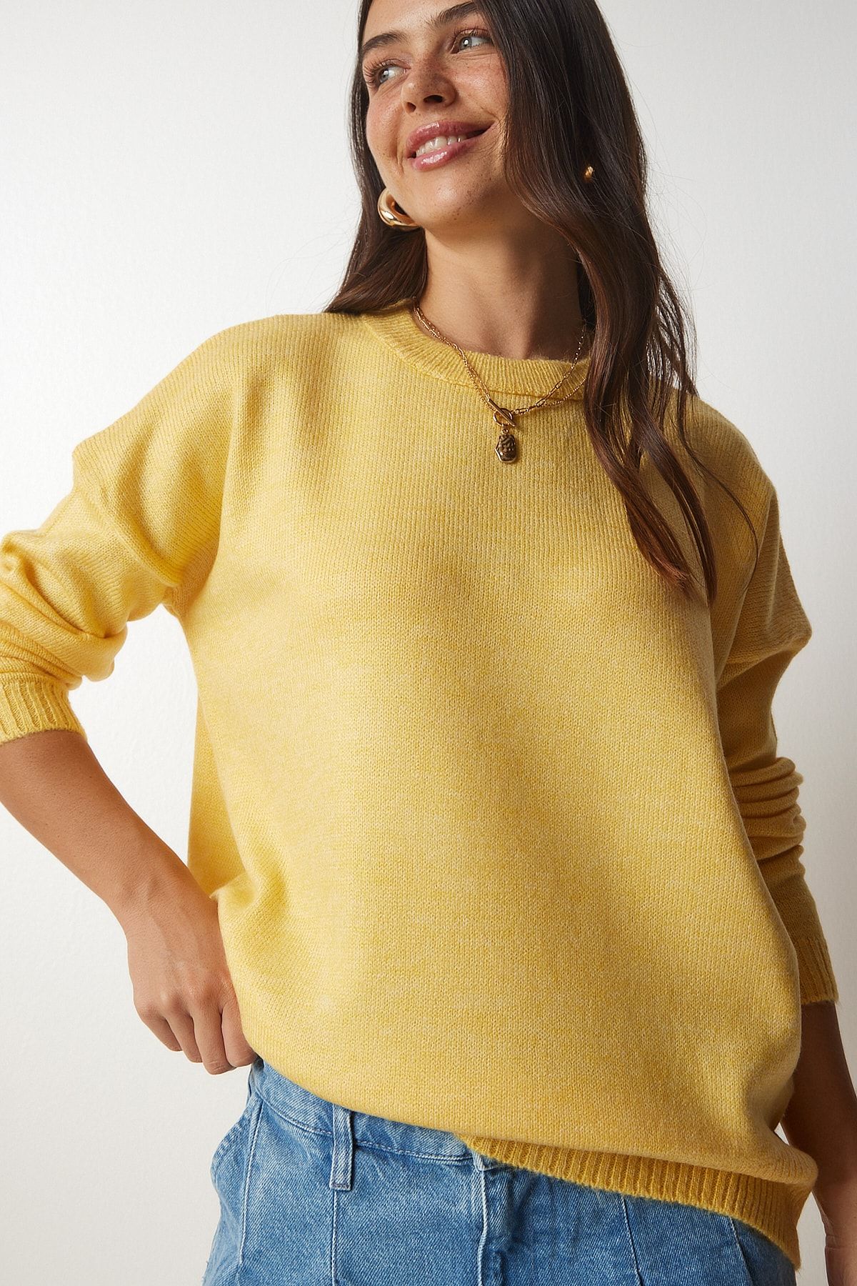 Kadın Sarı Bisiklet Yaka Oversize Triko Kazak BV00085 Kadın Sarı Bisiklet Yaka Oversize Triko Kazak BV00085