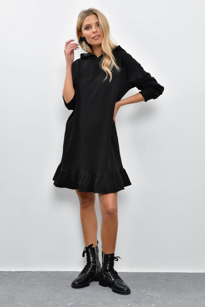 Kadın Siyah Volanlı Kapüşonlu Sweat Elbise B40 Kadın Siyah Volanlı Kapüşonlu Sweat Elbise B40