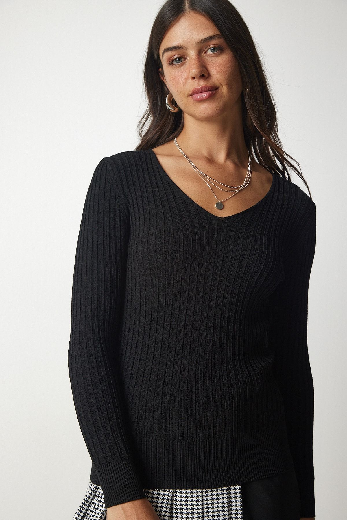 Kadın Siyah V Yaka Fitilli Basic Bluz BV00096 Kadın Siyah V Yaka Fitilli Basic Bluz BV00096