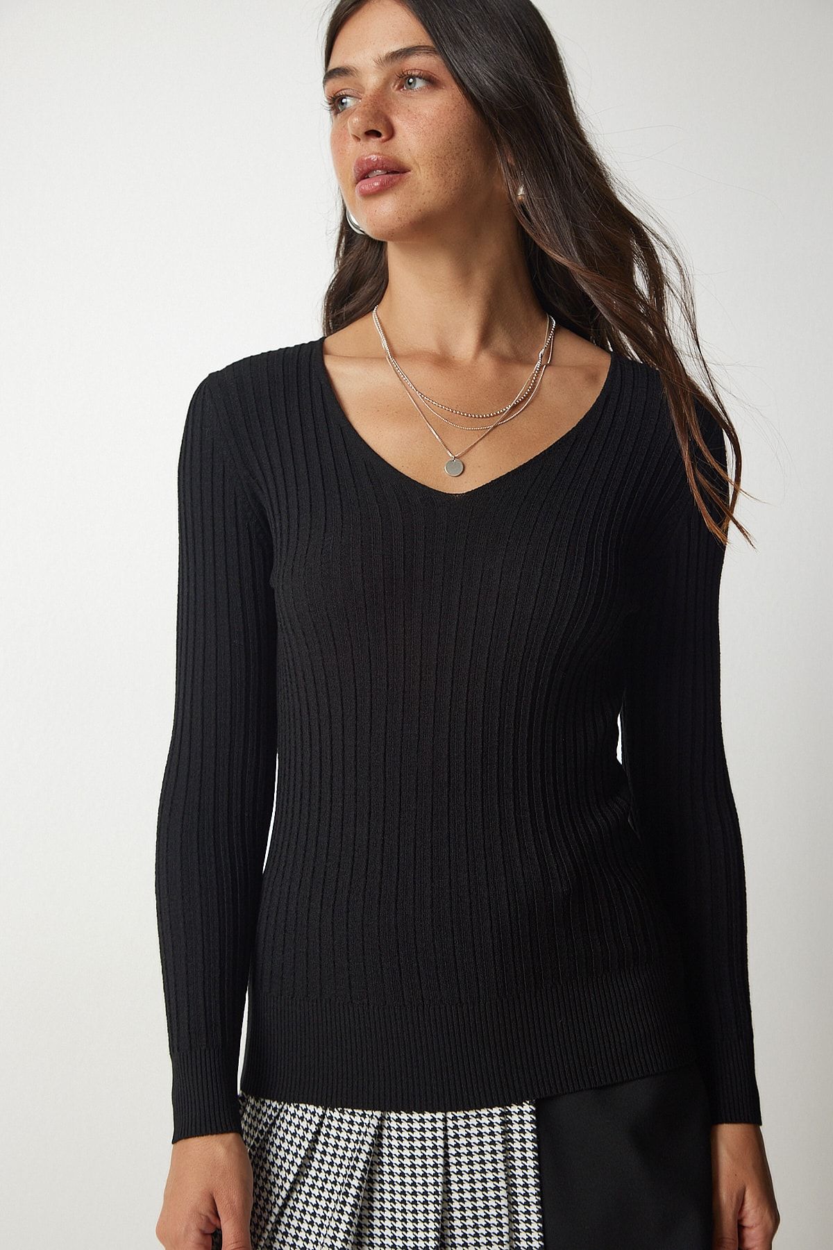 Kadın Siyah V Yaka Fitilli Basic Bluz BV00096 Kadın Siyah V Yaka Fitilli Basic Bluz BV00096