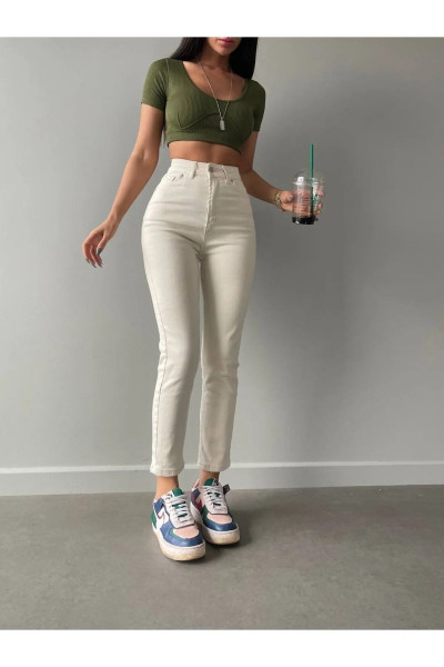 Maria Kadın Açık Bej Krem Süper Yüksek Bel Comfort Likralı Mom Kot Pantalon Jeans Maria Kadın Açık Bej Krem Süper Yüksek Bel Comfort Likralı Mom Kot Pantalon Jeans