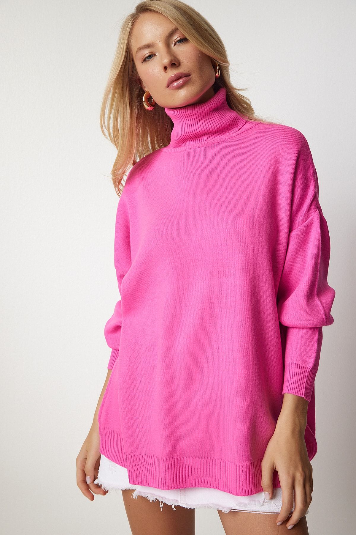 Kadın Pembe Balıkçı Yaka Oversize Triko Kazak BV00084 Kadın Pembe Balıkçı Yaka Oversize Triko Kazak BV00084