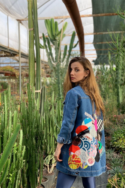 Mavi Yuvarlak Patchwork Detaylı Tasarım Kot Ceket, Kadın Denim Ceket Mavi Yuvarlak Patchwork Detaylı Tasarım Kot Ceket, Kadın Denim Ceket