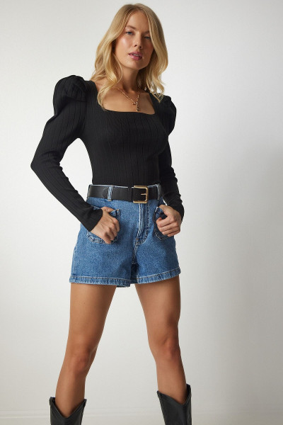 Kadın Siyah Kare Yaka Fitilli Triko Bluz YY00159 Kadın Siyah Kare Yaka Fitilli Triko Bluz YY00159