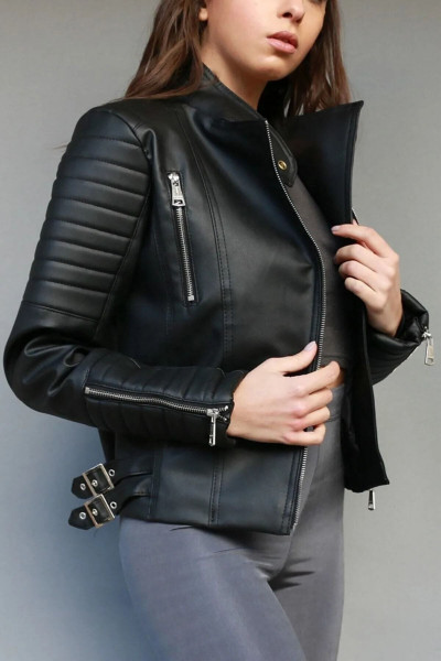 Kadın Siyah Kol Detaylı Biker Deri Ceket