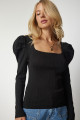 Kadın Siyah Kare Yaka Fitilli Triko Bluz YY00159 Kadın Siyah Kare Yaka Fitilli Triko Bluz YY00159