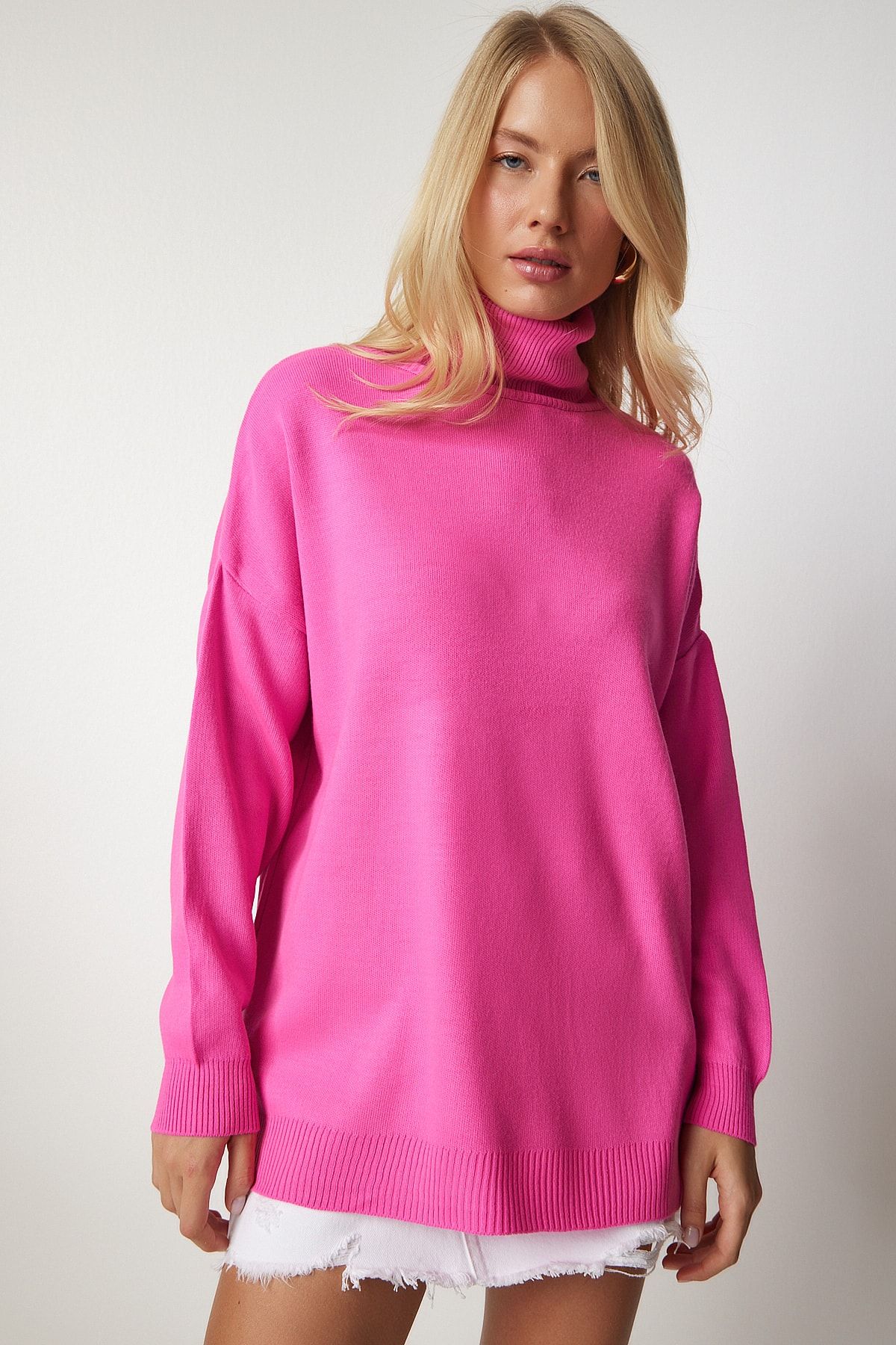 Kadın Pembe Balıkçı Yaka Oversize Triko Kazak BV00084 Kadın Pembe Balıkçı Yaka Oversize Triko Kazak BV00084