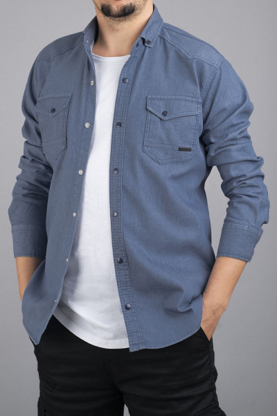 Slim Fit Erkek Kot Gömlek Buz Mavisi