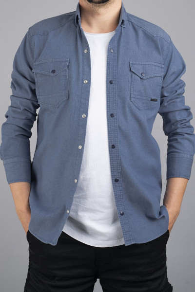 Slim Fit Erkek Kot Gömlek Buz Mavisi