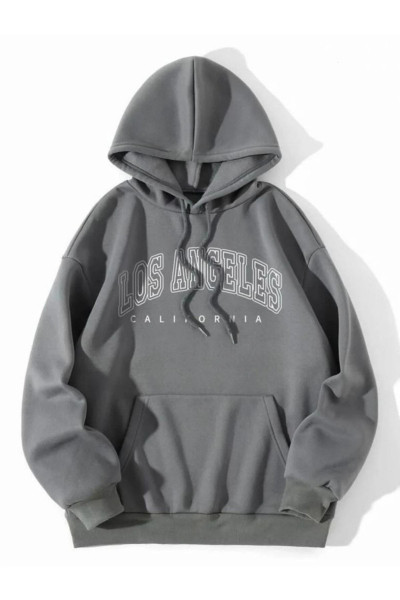Unisex Taş Gri Los Angeles Baskılı Kapüşonlu Sweatshirt Unisex Taş Gri Los Angeles Baskılı Kapüşonlu Sweatshirt
