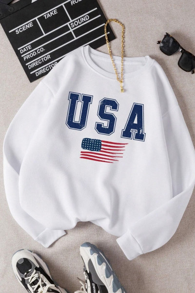 Unisex Beyaz Usa Bayrak Oversize Bisiklet Yaka Sweatshirt Unisex Beyaz Usa Bayrak Oversize Bisiklet Yaka Sweatshirt