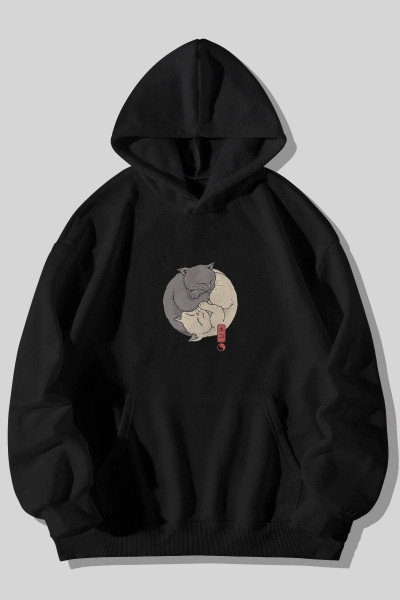 Ying Yang Kedi Baskılı Unisex Siyah Kanguru Cepli Kapüşonlu Sweatshirt Hoodie Ying Yang Kedi Baskılı Unisex Siyah Kanguru Cepli Kapüşonlu Sweatshirt Hoodie