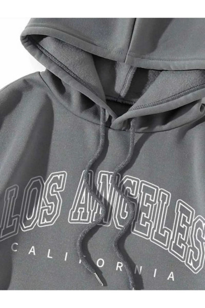 Unisex Taş Gri Los Angeles Baskılı Kapüşonlu Sweatshirt Unisex Taş Gri Los Angeles Baskılı Kapüşonlu Sweatshirt