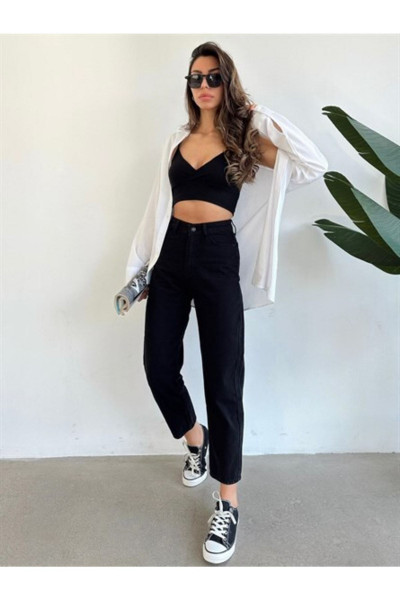 Siyah Solmaz Mom Jean Kadın Boyfriend Yüksek Bel Power Likra