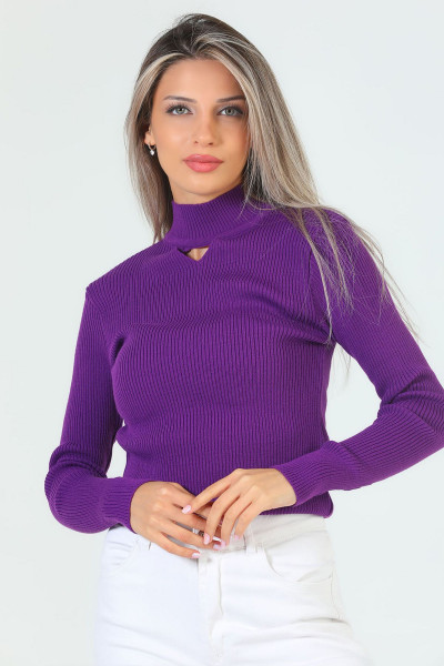 Mor Kadın Yarım Balıkçı Yaka Ön Pencereli Likralı Triko Bluz