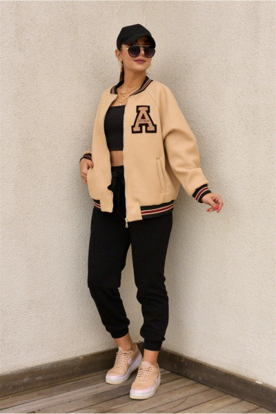 Unisex Oversize Siyah Baskılı Kolej Ceket