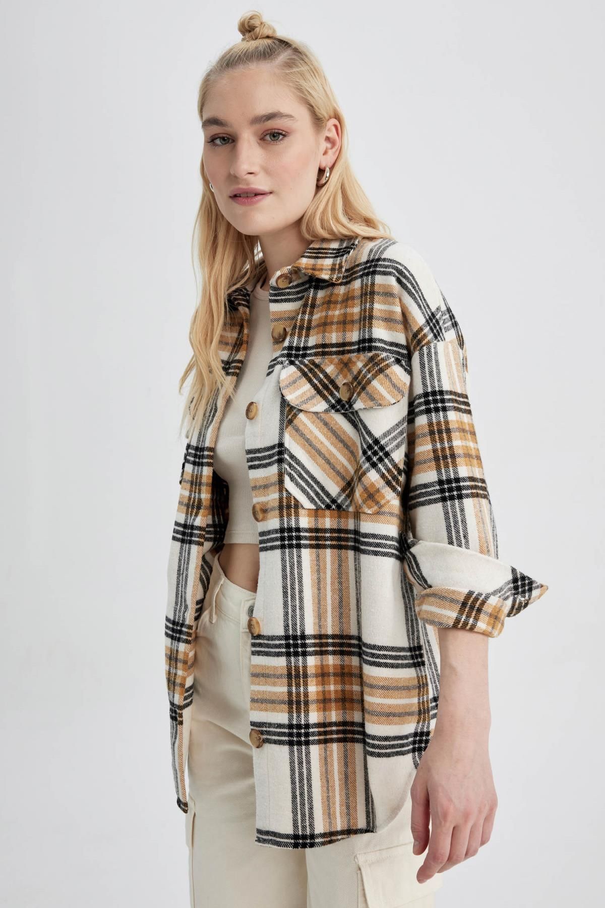 Oversize Fit Gömlek Yaka Flanel Uzun Kollu Tunik Oversize Fit Gömlek Yaka Flanel Uzun Kollu Tunik