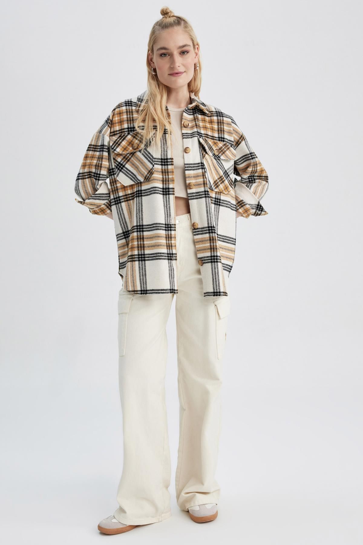 Oversize Fit Gömlek Yaka Flanel Uzun Kollu Tunik Oversize Fit Gömlek Yaka Flanel Uzun Kollu Tunik