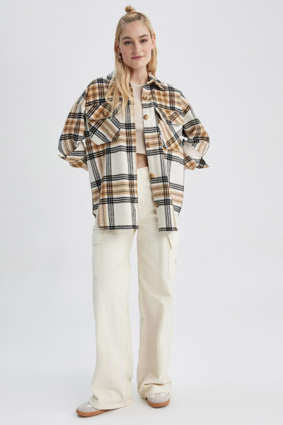 Oversize Fit Gömlek Yaka Flanel Uzun Kollu Tunik Oversize Fit Gömlek Yaka Flanel Uzun Kollu Tunik