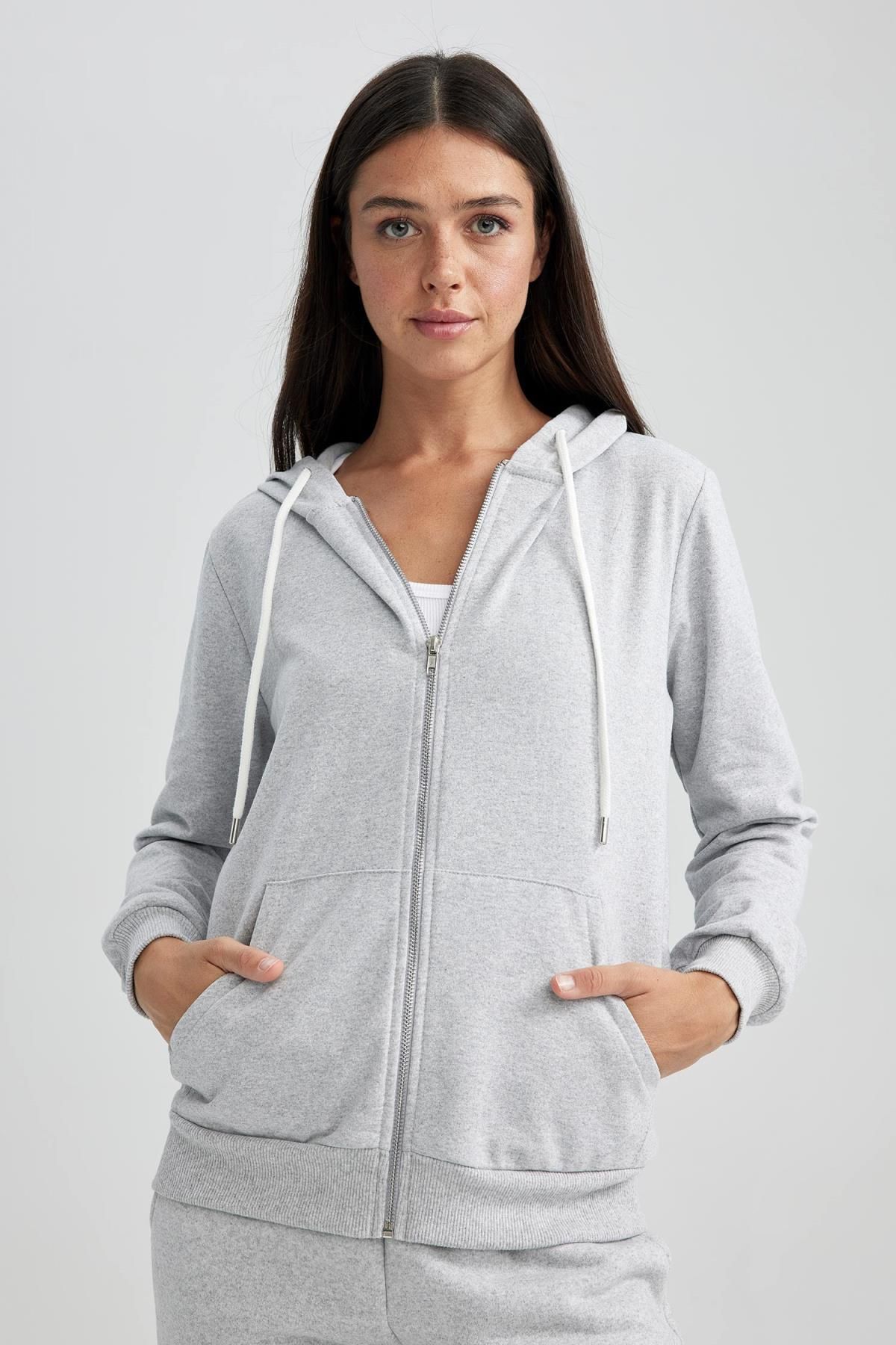 Regular Fit Kapüşonlu Ince Sweatshirt Kumaşı Hırka Regular Fit Kapüşonlu Ince Sweatshirt Kumaşı Hırka