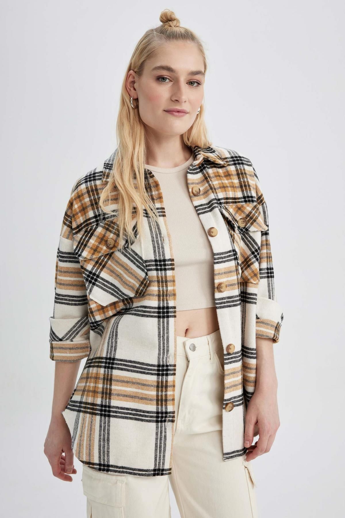 Oversize Fit Gömlek Yaka Flanel Uzun Kollu Tunik Oversize Fit Gömlek Yaka Flanel Uzun Kollu Tunik