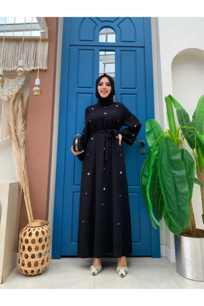 Taş Detaylı Bel Kuşaklı Elbise 3797 Siyah