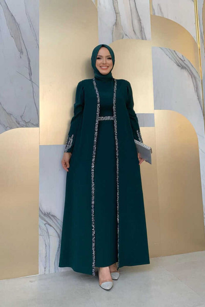 Taş İşleme Detaylı Yelekli Elbise Takım 3838 Zümrüt Taş İşleme Detaylı Yelekli Elbise Takım 3838 Zümrüt