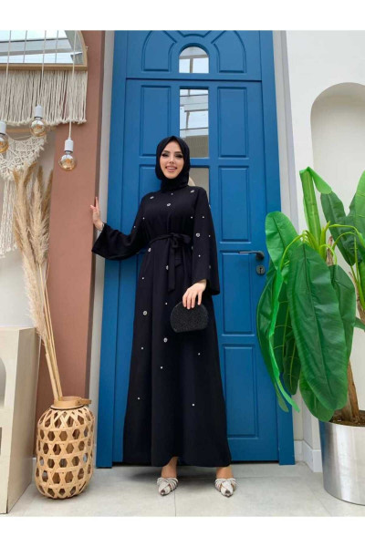 Taş Detaylı Bel Kuşaklı Elbise 3797 Siyah
