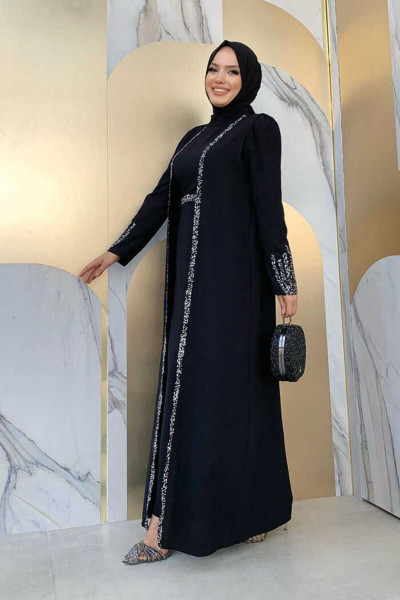 Taş İşleme Detaylı Yelekli Elbise Takım 3838 Siyah Taş İşleme Detaylı Yelekli Elbise Takım 3838 Siyah