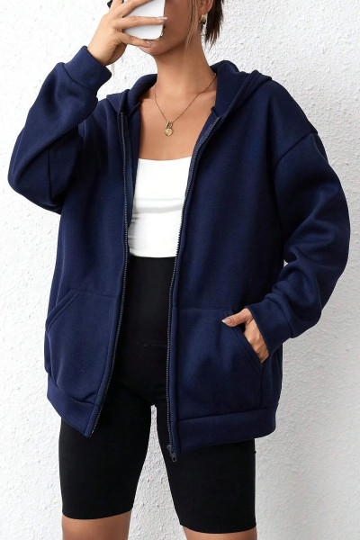 Unisex Lacivert Baskısız 3 iplik Oversize Polar Ceket - Hırka Unisex Lacivert Baskısız 3 iplik Oversize Polar Ceket - Hırka