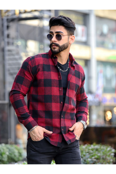 Oduncu Gömlek Bordo Siyah Düğmeli