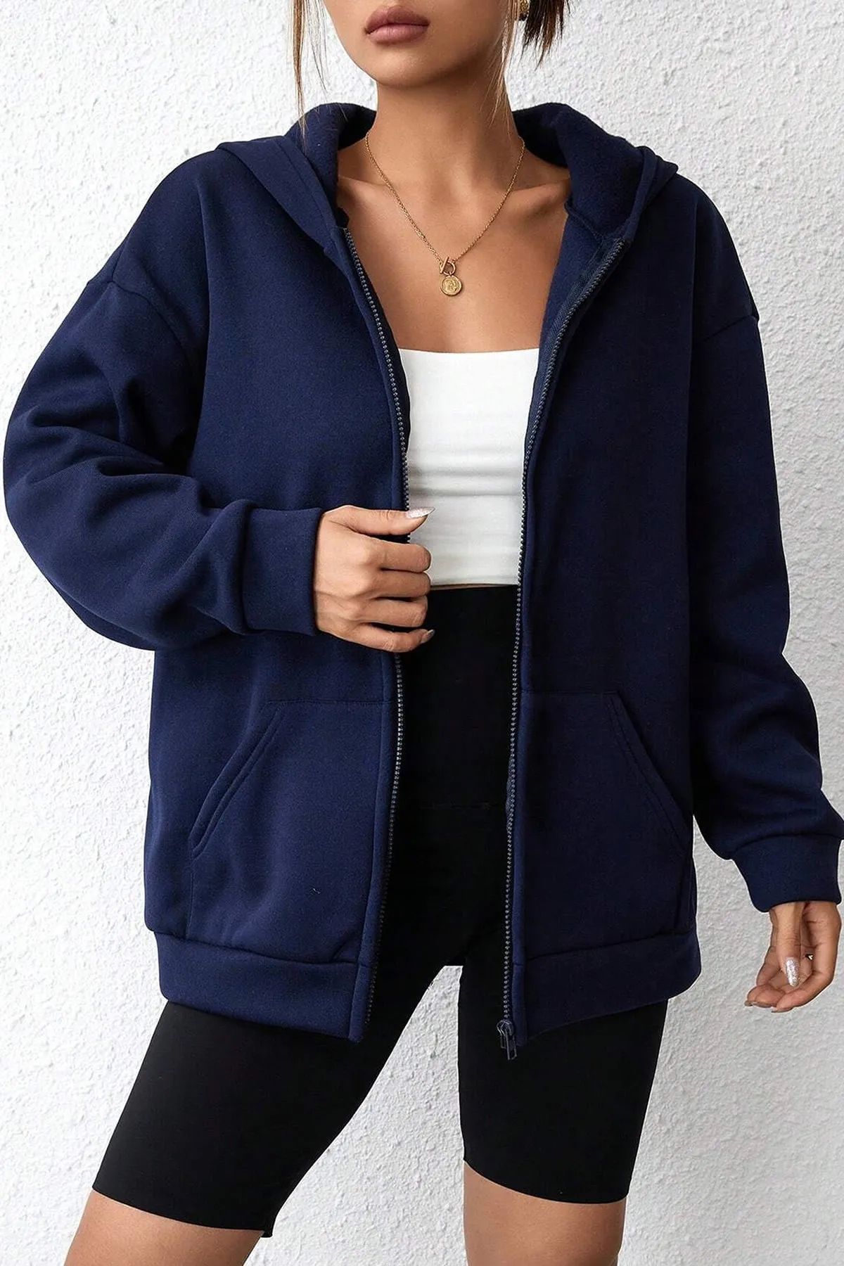 Unisex Lacivert Baskısız 3 iplik Oversize Polar Ceket - Hırka