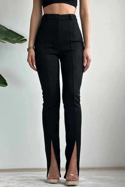 Yeni Sezon Kadın Paçası Yırtmaçlı Siyah Süet Pantolon