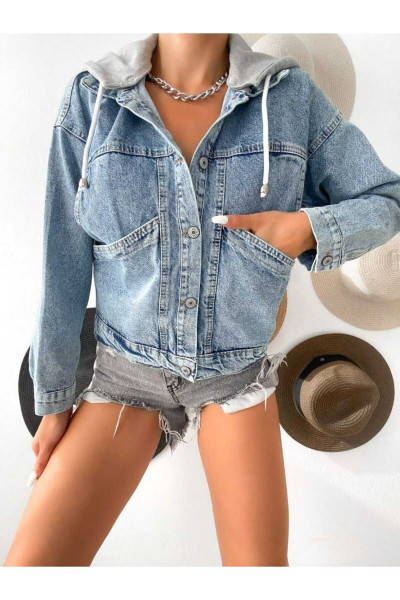 Trend Kapşonlo Crop Kot Ceket Trend Kapşonlo Crop Kot Ceket