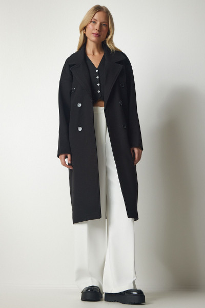 Kadın Siyah Kruvaze Yaka Oversize Kaşe Kaban mx00138 Kadın Siyah Kruvaze Yaka Oversize Kaşe Kaban mx00138
