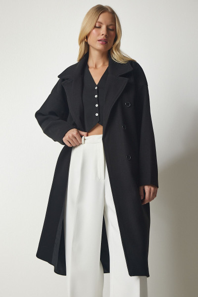 Kadın Siyah Kruvaze Yaka Oversize Kaşe Kaban mx00138 Kadın Siyah Kruvaze Yaka Oversize Kaşe Kaban mx00138