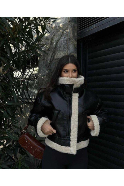Yaka Fermuar Kol Kürk Detay Içi Yünlü Kemerli Deri Mont