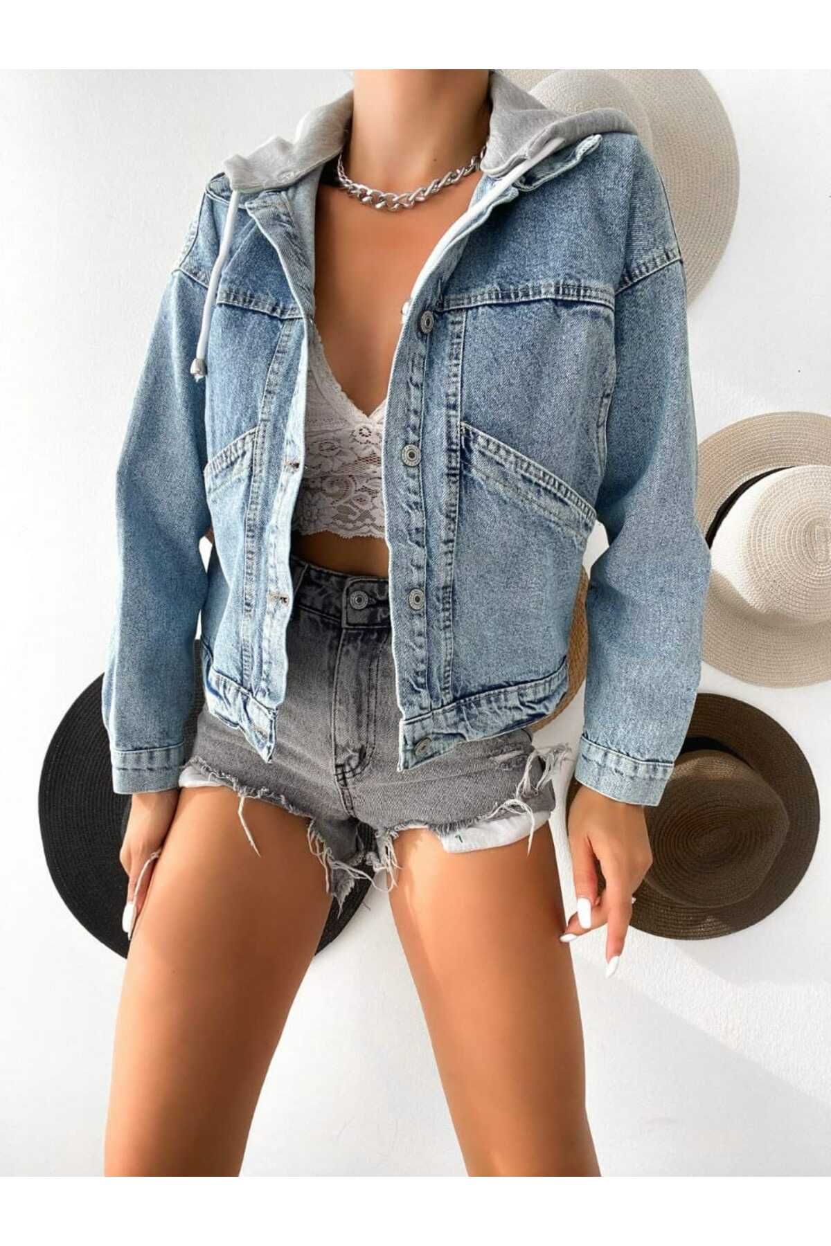 Trend Kapşonlo Crop Kot Ceket Trend Kapşonlo Crop Kot Ceket