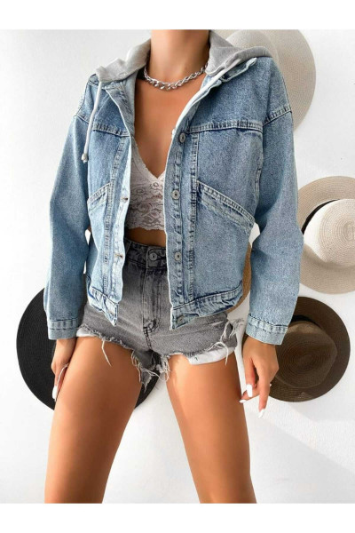 Trend Kapşonlo Crop Kot Ceket Trend Kapşonlo Crop Kot Ceket