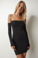 Kadın Siyah Straplez Vücudu Saran Örme Elbise PG00090 Kadın Siyah Straplez Vücudu Saran Örme Elbise PG00090