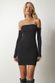 Kadın Siyah Straplez Vücudu Saran Örme Elbise PG00090 Kadın Siyah Straplez Vücudu Saran Örme Elbise PG00090