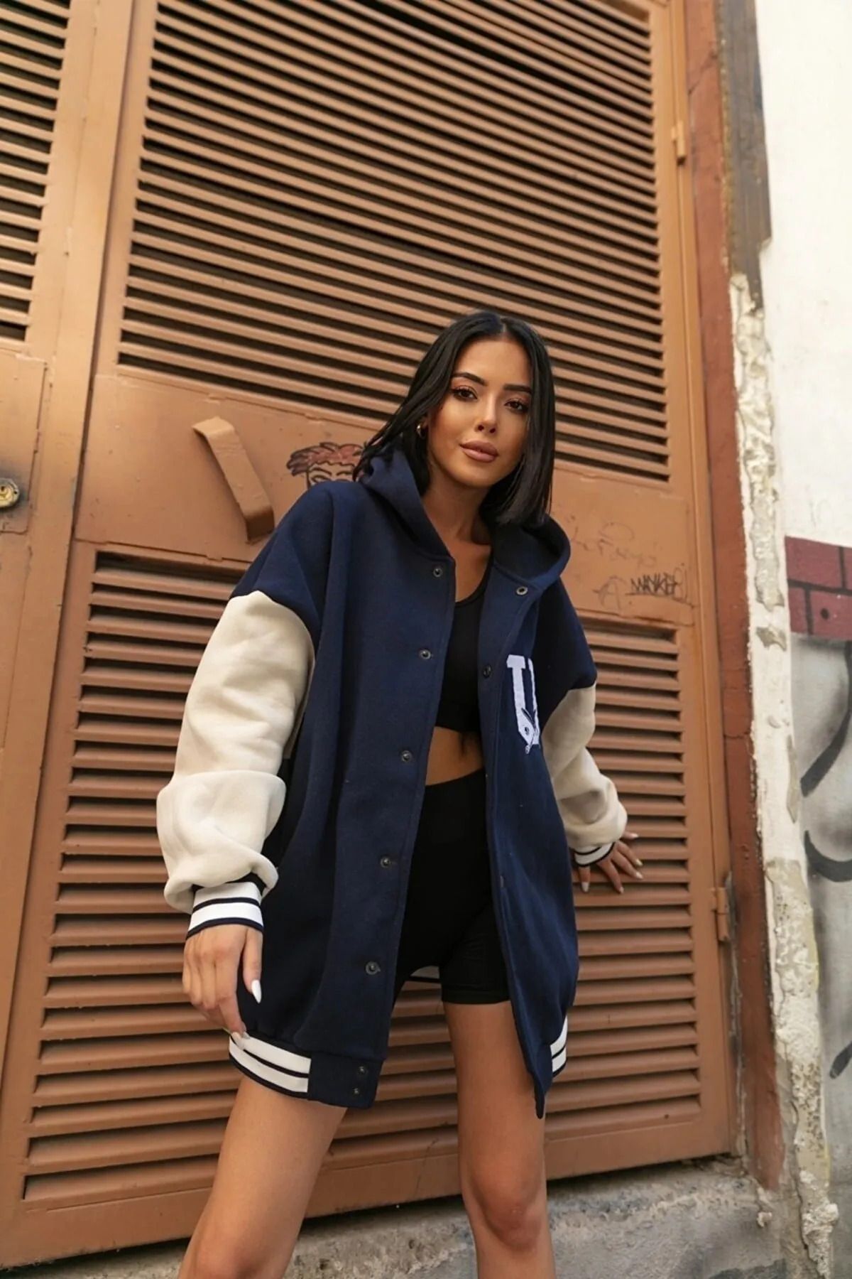 Unisex Oversize Lacivert USA Baskılı Kolej Ceket