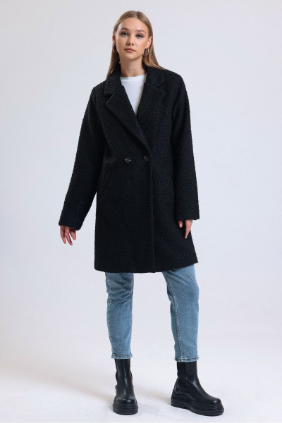 Kadın Siyah Kruvaze Yaka Çift Cepli Astarlı Oversize Buklet Kaban Kadın Siyah Kruvaze Yaka Çift Cepli Astarlı Oversize Buklet Kaban