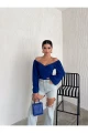 Kadın Saks Uzun Balon Kol Ön Çapraz Büzgülü Sandy Kumaş Crop Bluz Kadın Saks Uzun Balon Kol Ön Çapraz Büzgülü Sandy Kumaş Crop Bluz