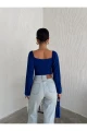 Kadın Saks Uzun Balon Kol Ön Çapraz Büzgülü Sandy Kumaş Crop Bluz Kadın Saks Uzun Balon Kol Ön Çapraz Büzgülü Sandy Kumaş Crop Bluz